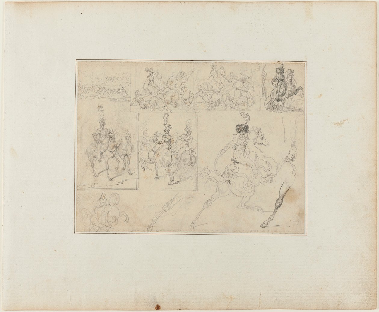 Vázlatok lapja: Lovassági csaták és lovas katonák alkotó: Jean Louis André Théodore Géricault