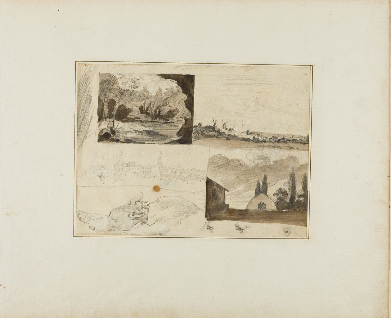 Vázlatok lapja: Négy tájkép és egy agár alkotó: Jean Louis André Théodore Géricault