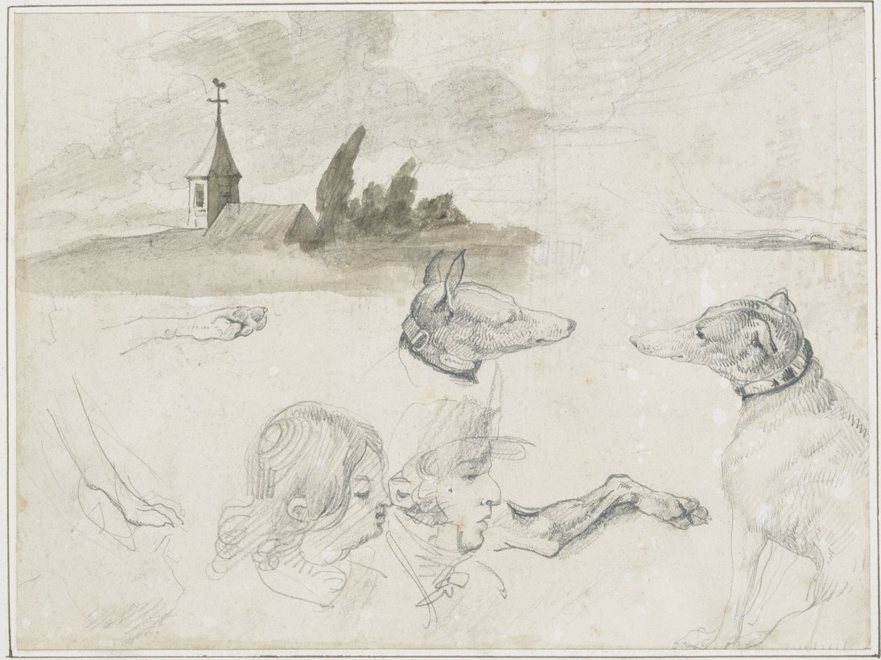 Vázlatok lapja: Egy férfi és egy női fej. alkotó: Jean Louis André Théodore Géricault