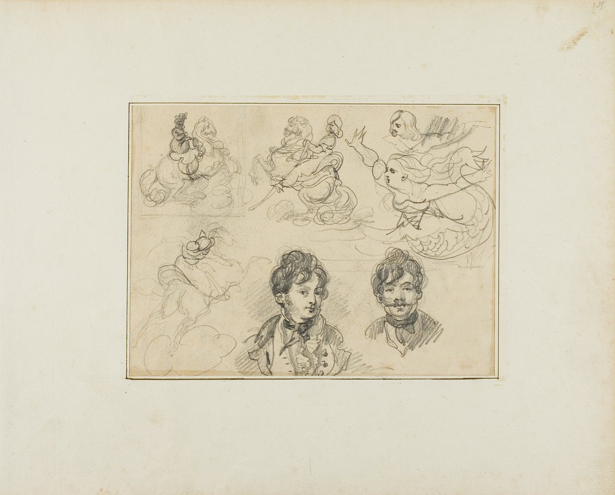 Vázlatok lapja: Lovasok, sellők és két fiatalember portréja. alkotó: Jean Louis André Théodore Géricault