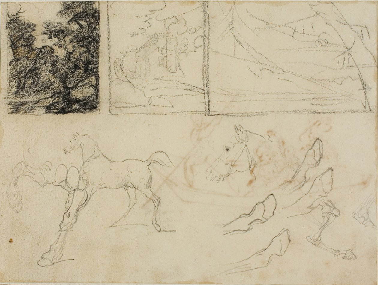Vázlatok lapja: három tájkép, lovak és patkók alkotó: Jean Louis André Théodore Géricault