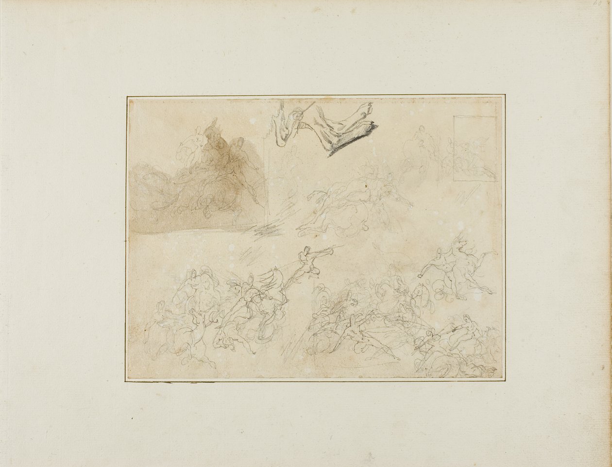 Vázlatok egy lovassági csatához; egy kutya hátsó lábai alkotó: Jean Louis André Théodore Géricault