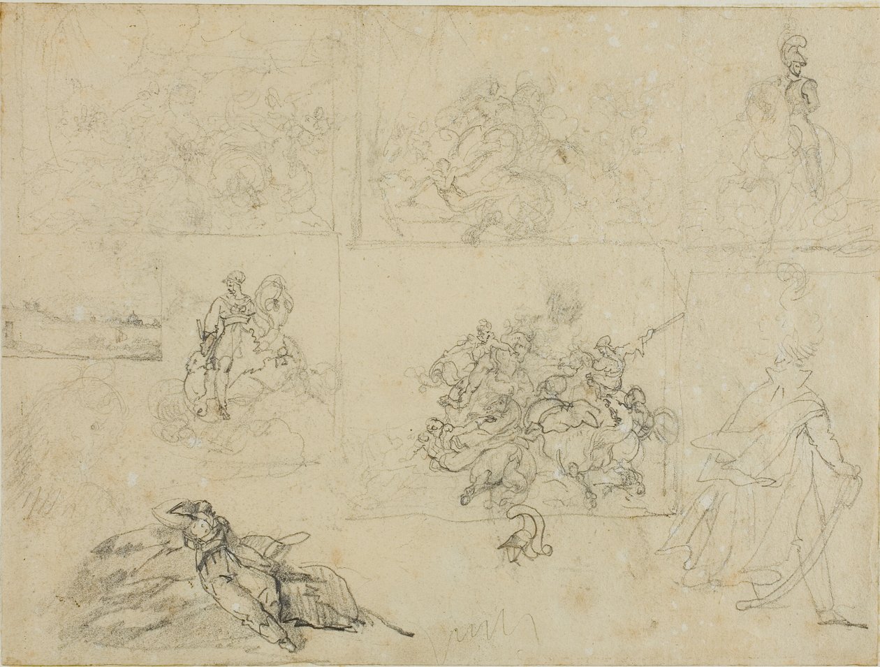 Vázlatok egy lovassági csatáról, katonákról és egy tájról alkotó: Jean Louis André Théodore Géricault