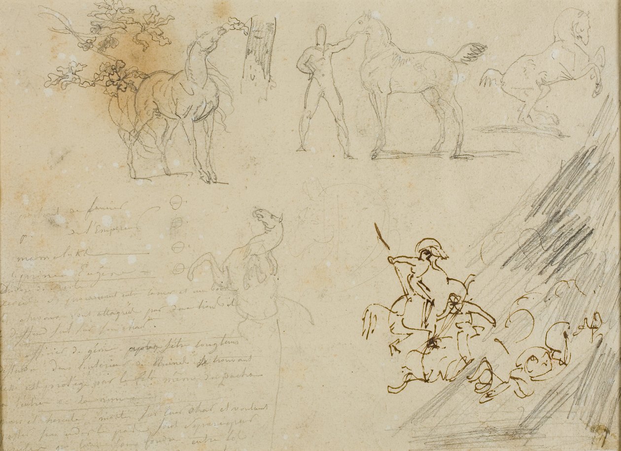 Lóvázlatok, lovat tartó lovász, lovassági csata alkotó: Jean Louis André Théodore Géricault