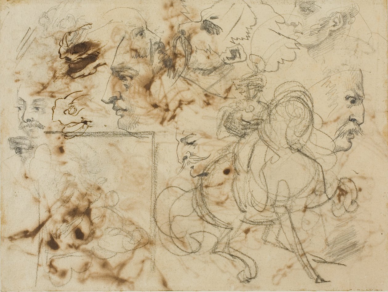 Vázlatok emberarcokról, lóorrakról és lovas katonákról alkotó: Jean Louis André Théodore Géricault