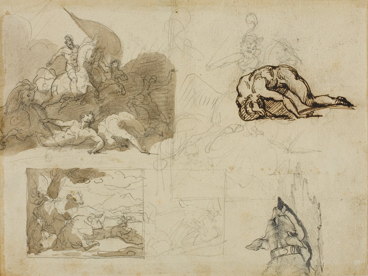 Vázlatok egy lovassági csatáról, Tájkép tehenekkel és más kompozíciók alkotó: Jean Louis André Théodore Géricault