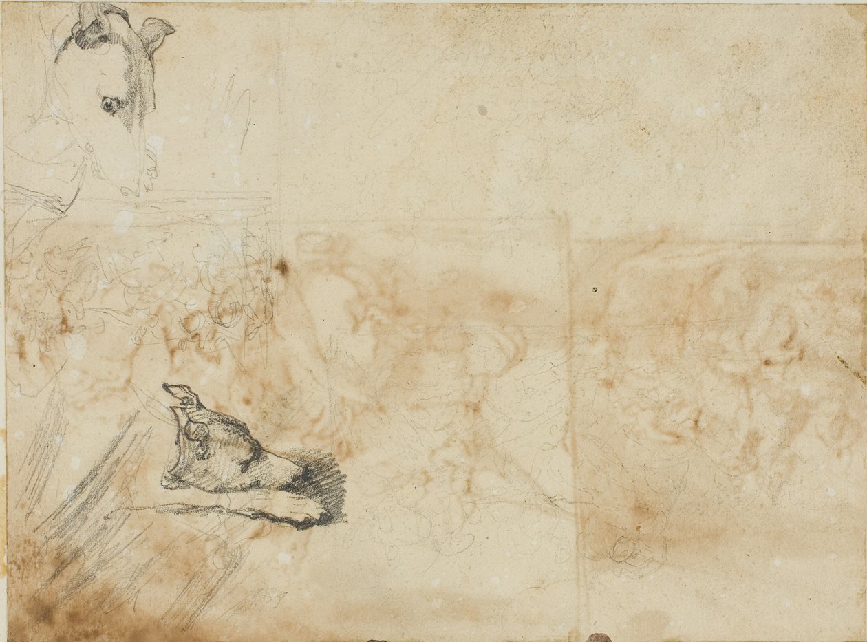 Vázlatok egy lovas csatáról és egy agár feje alkotó: Jean Louis André Théodore Géricault