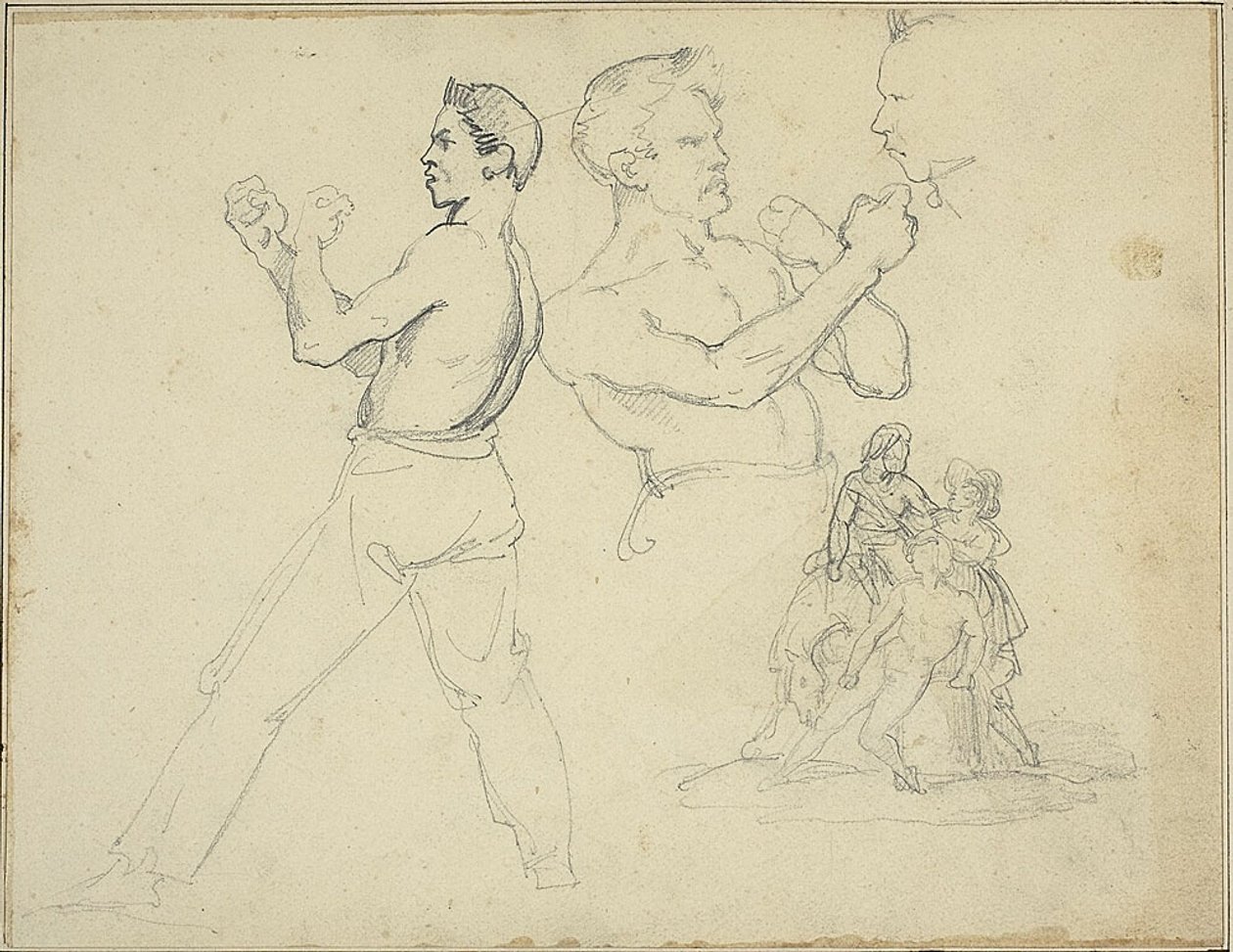 Tanulmányok bokszolókról és két alak által kísért lovas vázlata alkotó: Jean Louis André Théodore Géricault