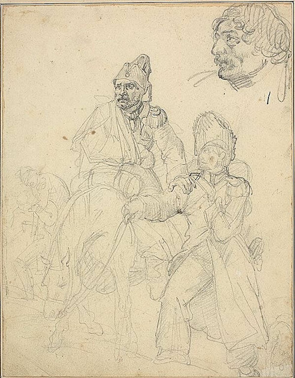 Tanulmány az alakcsoportról, a gránátos fejének részletével alkotó: Jean Louis André Théodore Géricault