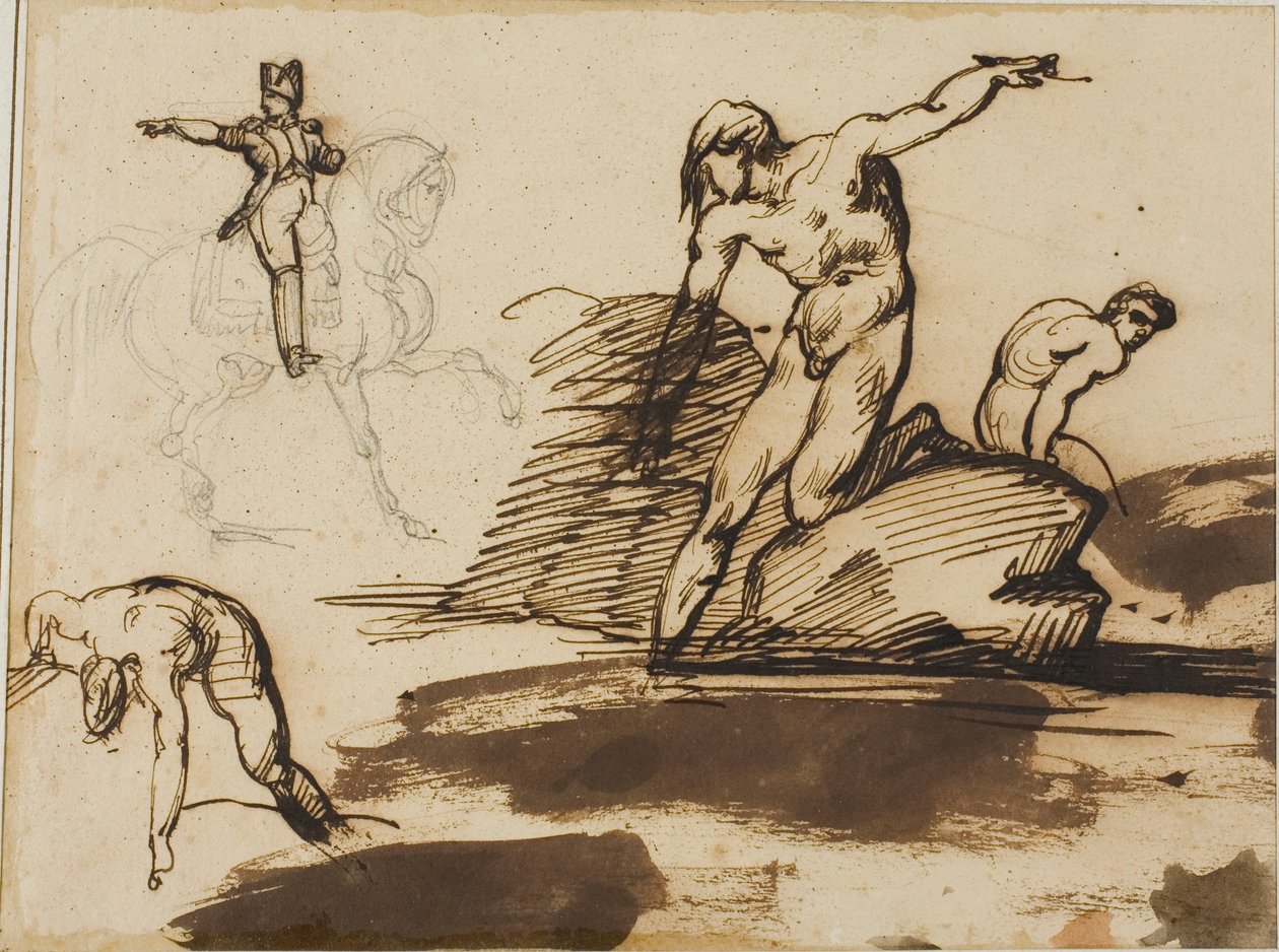 Napóleon lóháton című tanulmánya sziklák között lévő aktok vázlataival alkotó: Jean Louis André Théodore Géricault