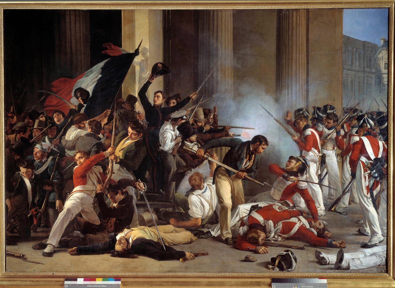 1830-as forradalom: „” A három dicsőséges év alatt, a Louvre elfoglalása 1830. 07. 29-én és a svájci őrök lemészárlása”” Jean Louis Bezard festménye (1799-apres 1861) 1830 V. 1,76 x 2,45 m Párizs, Carnavalet Múzeum – 1830-as forradalom: „” A Louvre felvéte alkotó: Jean Louis Bezard