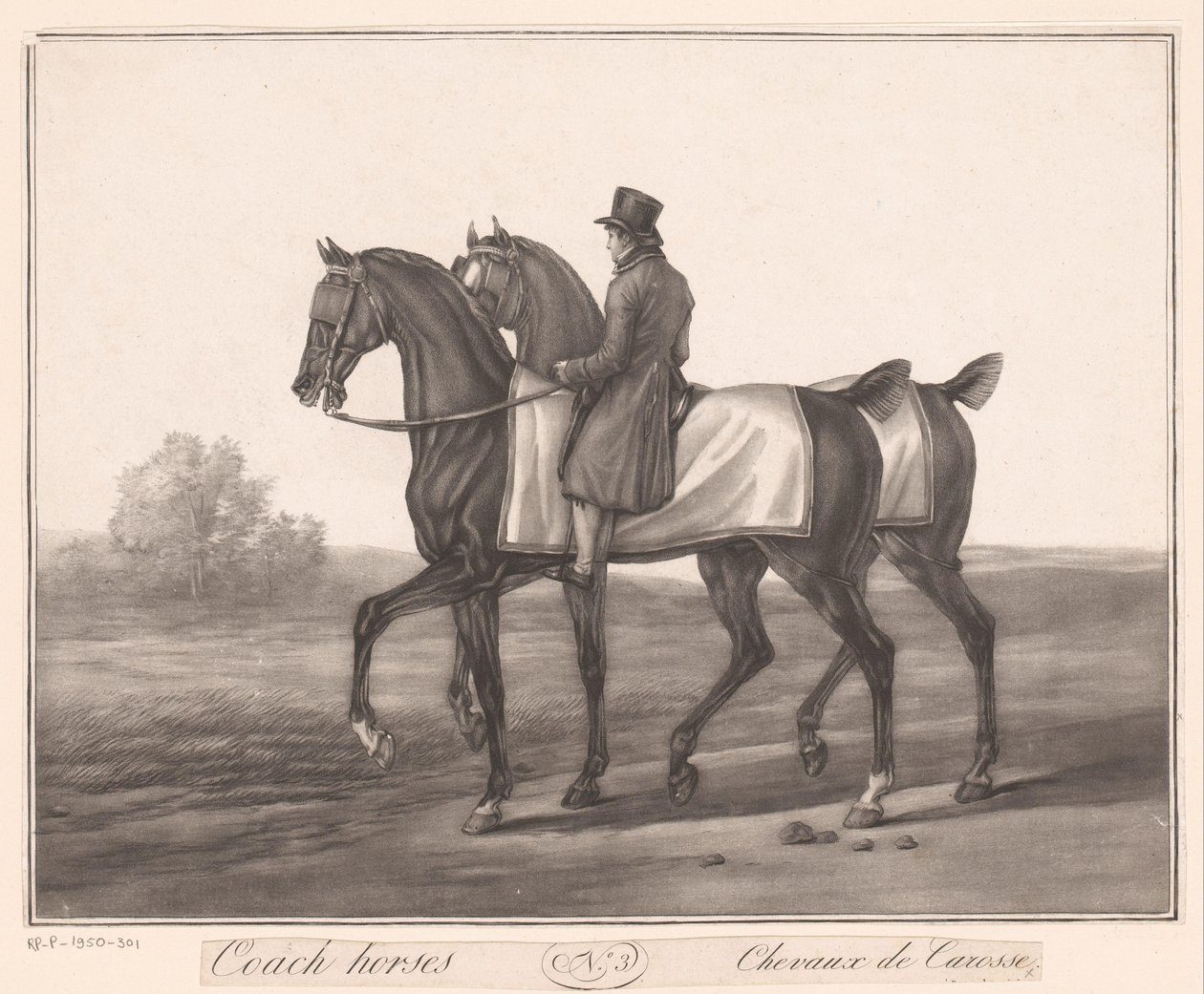 A lovas két lovat kísér Chevaux de Carosse (cím a tárgyon) alkotó: Jean Louis Darcis (attributed to)