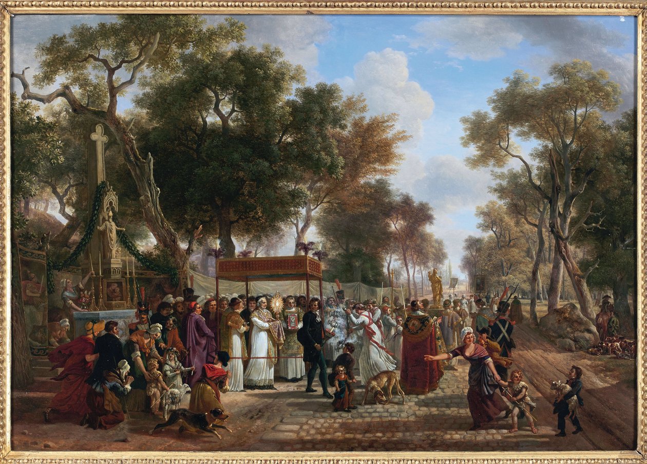 Corpus Christi körmenet egy faluban - A Corpus Christi körmenet egy faluban, Jean Louis Demarne (De Marne vagy Demarnette) (kb. 1752-1829). Olaj, fa. Mérete: 48x67 cm. Magángyűjtemény alkotó: Jean Louis Demarne