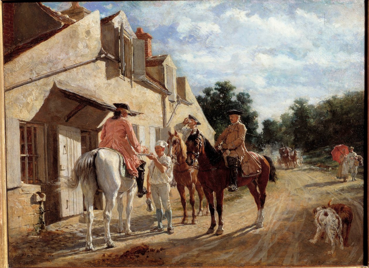 Au Tourne-menyasszony, más néven Tournebride en bois de Saint-Germain lovasok, akik egy staféta szünetet tartanak Saint Germain en Laye erdőjében. Jean-Louis-Ernest Meissonier (1815-1891) festménye 1860. V 0,17x0,23 m Párizs, musee d