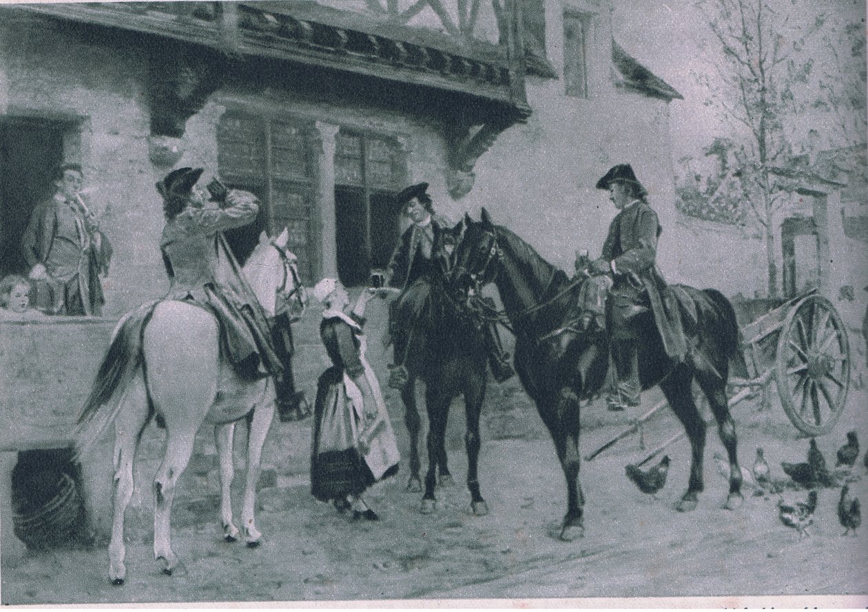 Megállás egy fogadóban, illusztráció a Cassells Romance of Famous Lives című filmből, 1940 körül alkotó: Jean Louis Ernest Meissonier