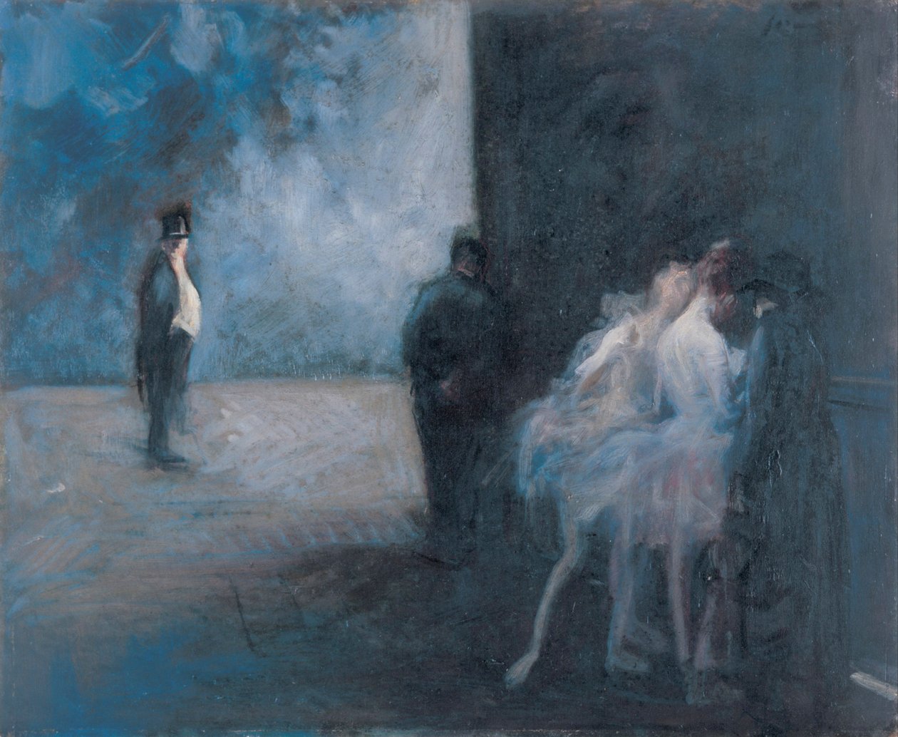 A színfalak mögött - Szimfónia kék színben par Forain, Jean Louis (1852-1931), 1900 és 1923 között - Olaj, fa, 45,3x54,7 - Ohara Művészeti Múzeum, Kurashiki alkotó: Jean Louis Forain