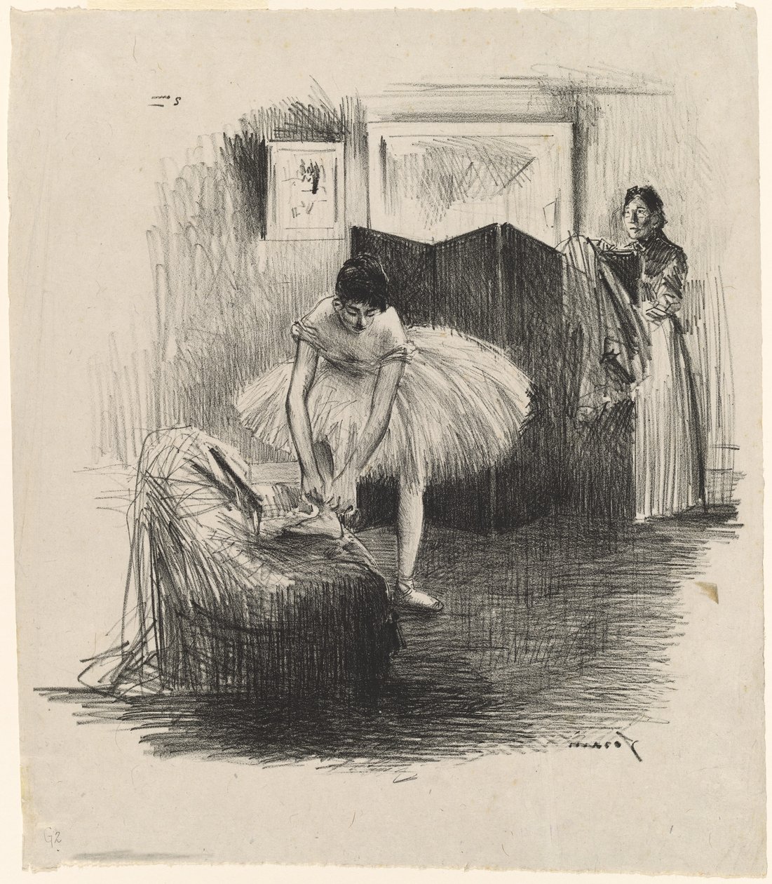 Táncosnő köti a papucsát alkotó: Jean-Louis Forain