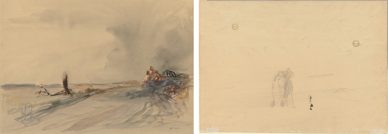 Pusztított föld (recto); Figurák a tájban (fordítva) alkotó: Jean Louis Forain