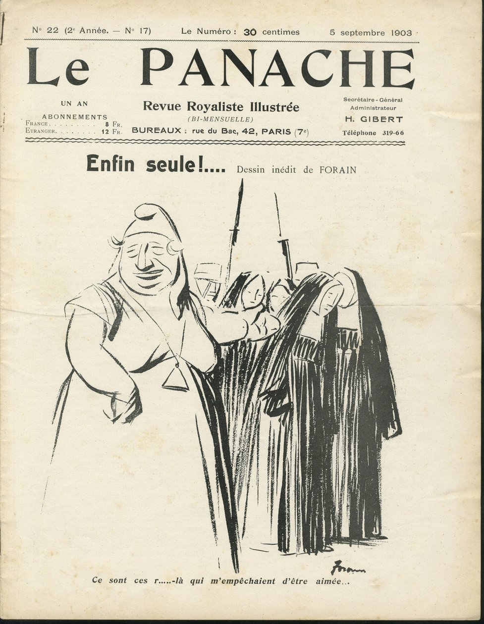Jean-Louis Forain (1852-1931) illusztrációja a Le Panache címlapjára, a királypárti magazin illustree, 20. sz. alkotó: Jean Louis Forain