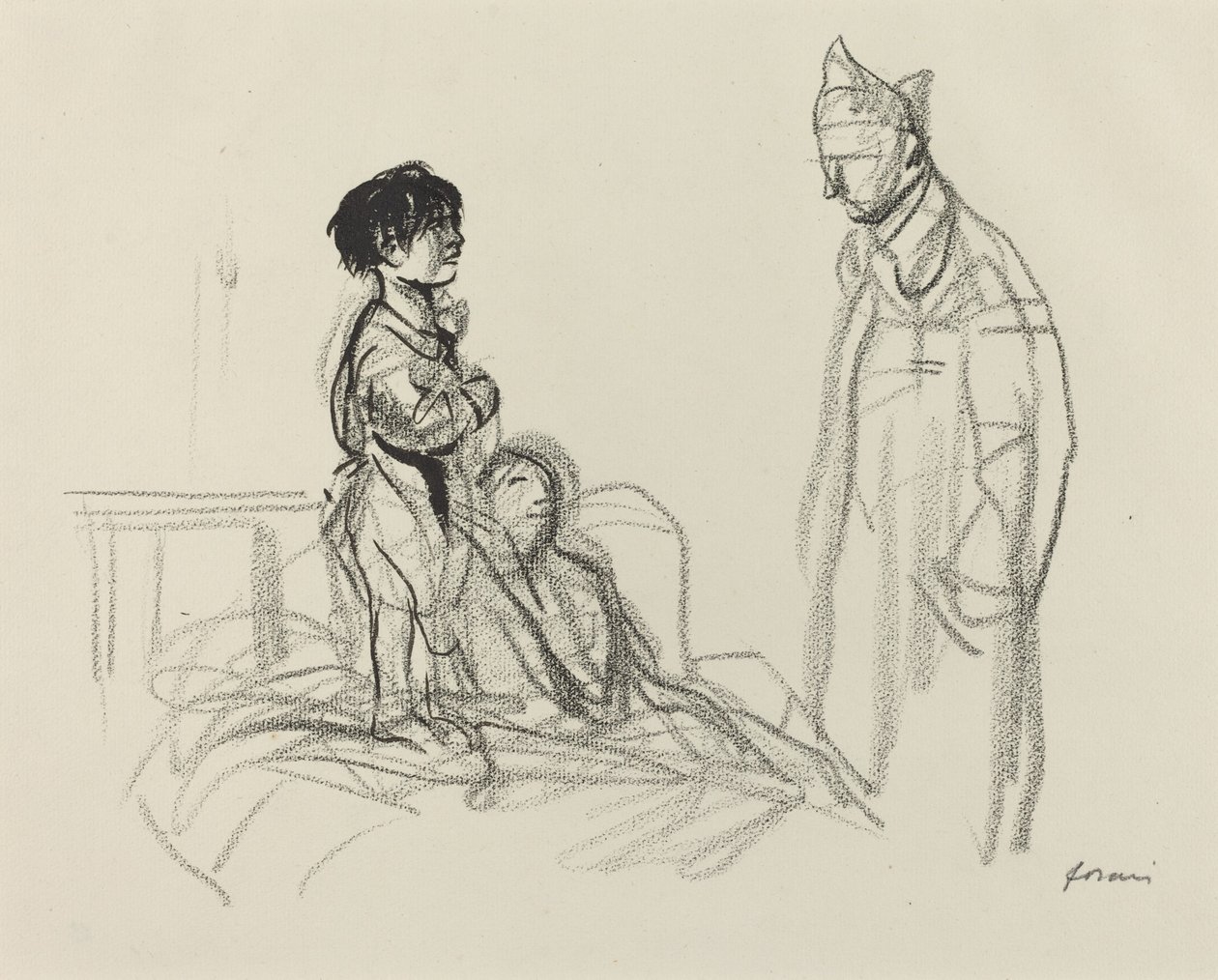 Katona meglátogatta az anyát és a gyermeket a kórházban, c. 19141919. alkotó: Jean Louis Forain