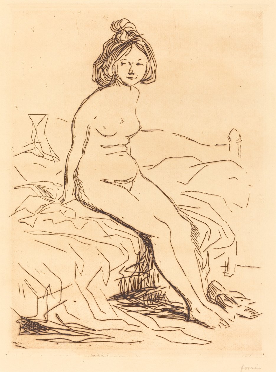 Meztelen nő, ül az ágyán, elölnézet alkotó: Jean Louis Forain