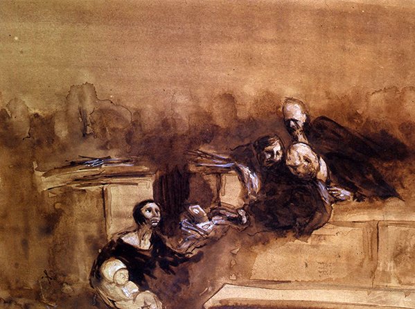 A reménytelen per (toll és mosás fehér kiemeléssel a papíron) alkotó: Jean Louis Forain