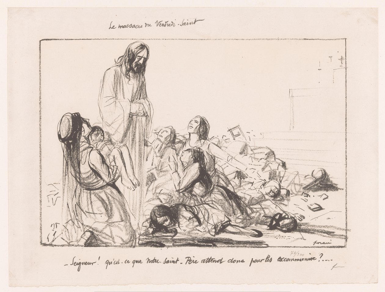 A lebombázott templomban lévő nők elítélik Krisztust Le massacre du Vendredi-Saint (cím a tárgyon) alkotó: Jean Louis Forain