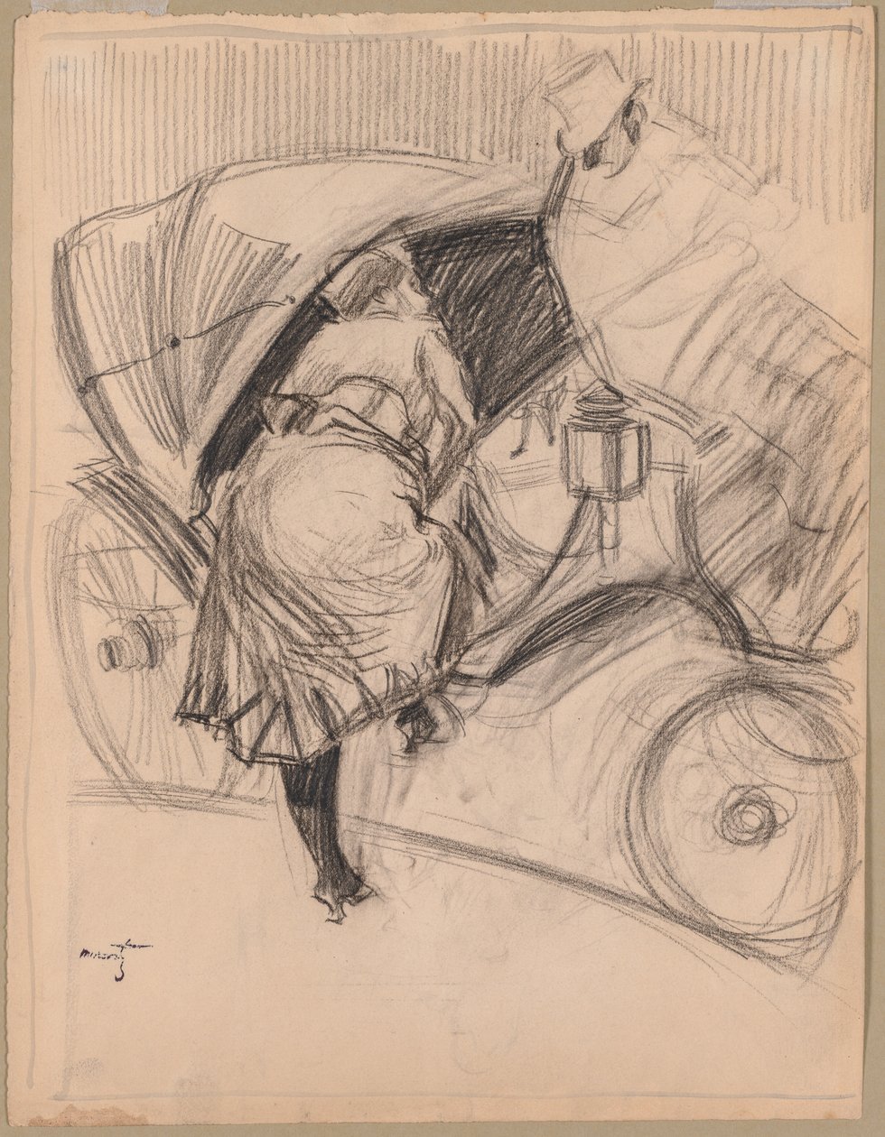 Fiacre belépő nő (szén, fekete tussal keretező vonalakkal) alkotó: Jean Louis Forain