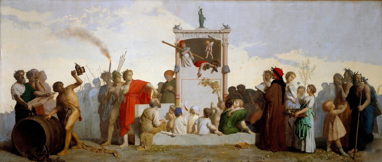 Dante Alighieri, Diogenes, a cinikus, Szókratész és Homérosz szerepel a közönség körében. Jean Louis Hamon (1821-1874) festménye alkotó: Jean Louis Hamon