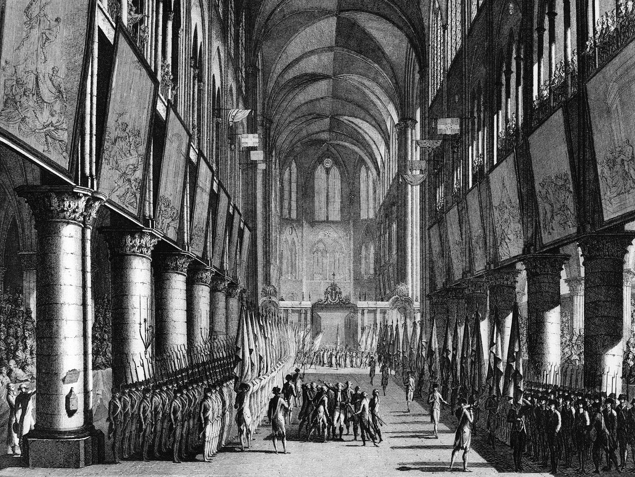 Francia forradalom: Monsignor Juigne a Nemzeti Gárda zászlóinak áldását a Notre Dame-templomban szeptember 27-én alkotó: Jean Louis II (after) Prieur