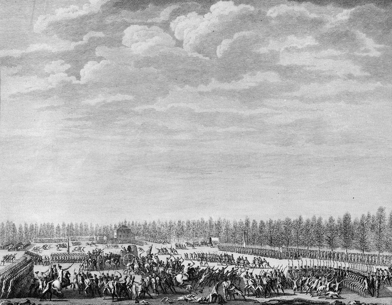 Francia forradalom: Gilbert du Motier, de la Fayette márki (1757-1834) kétszáz katonát fegyvertelenített le fegyelmezetlensége miatt a párizsi Champs Elysees-n 1790. január 12-én. Berthaut metszete Prior után. Párizs, R. Történeti Intézetének Könyvtára alkotó: Jean Louis II (after) Prieur