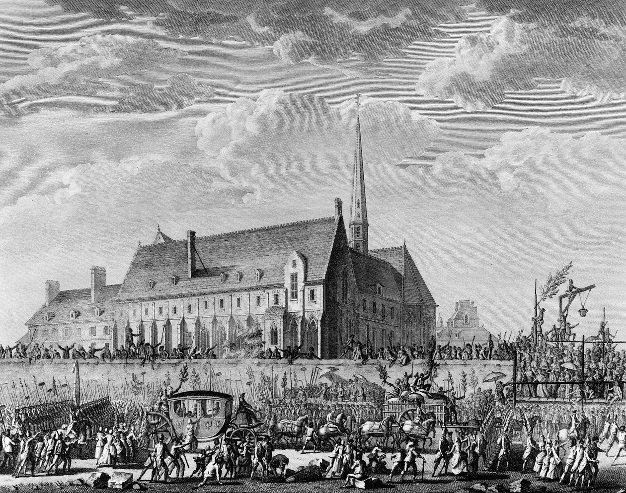 Francia forradalom: XVI. Lajos király családjával (Marie Antoinette, a francia Lajos Károly delfin vagy XVII. Lajos és a „Madame Royaleként ismert Marie Therese”) érkezik Párizsba október 6-án alkotó: Jean Louis II (after) Prieur