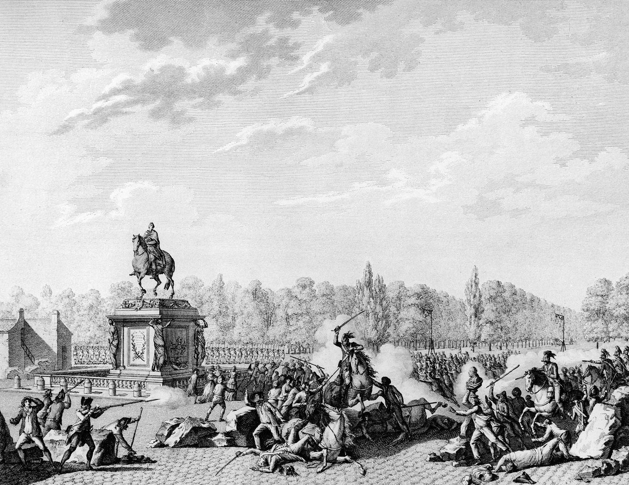 Francia forradalom: XV. Lajos tér, Charles Eugene de Lorraine, lambesci herceg (1754-1825) sárkányai 1789. július 12-én megrakták a Jacques Necker (1732-1804) és az orléans-i herceg mellszobrait szállító kortezsot. Bertha metszet Prior után. Párizs, alkotó: Jean Louis II (after) Prieur