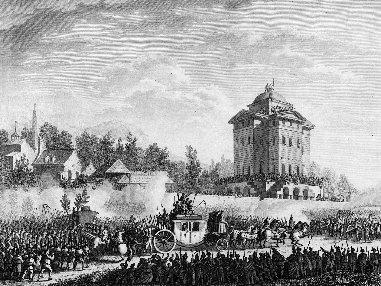 Francia forradalom: A királyi család visszatérése az 1791. június 20-án és 21-én történt varennes-i letartóztatás után: XVI. Lajos királyt és Marie Antoinette-et 1791. június 25-én visszaküldték Párizsba. Metszet Prior rajza alapján. Párizs, a Történeti In alkotó: Jean Louis II (after) Prieur
