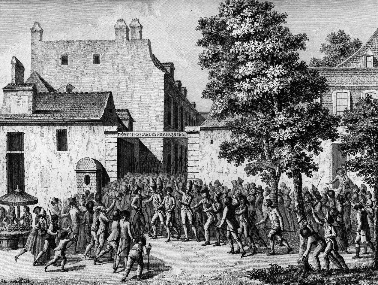 Francia forradalom: A francia gárda július 12-én megmenti Monsieur du Chatelet-t, ezredesét a népi izgalomtól alkotó: Jean Louis II (after) Prieur