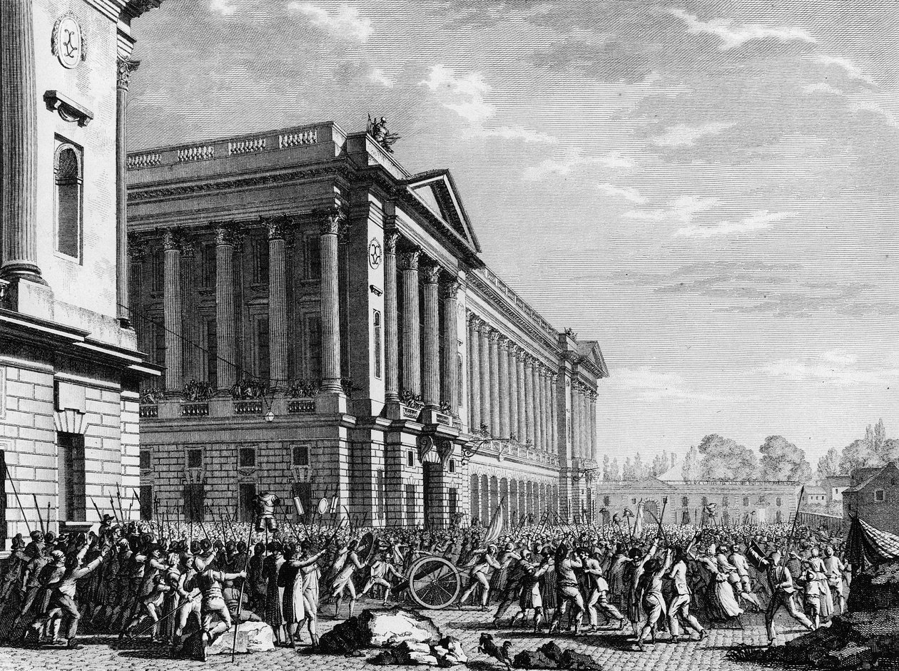Francia forradalom: Fegyverek kifosztása a bútorőrségnél (vagy bútorraktárban, ma hotel de la Marine) 1789. július 13-án, a Place de la Concorde-ban, Párizsban: a főváros külföldi ezredek általi bekerítése miatt aggódó tömeg megragadta a fegyvert. t alkotó: Jean Louis II (after) Prieur