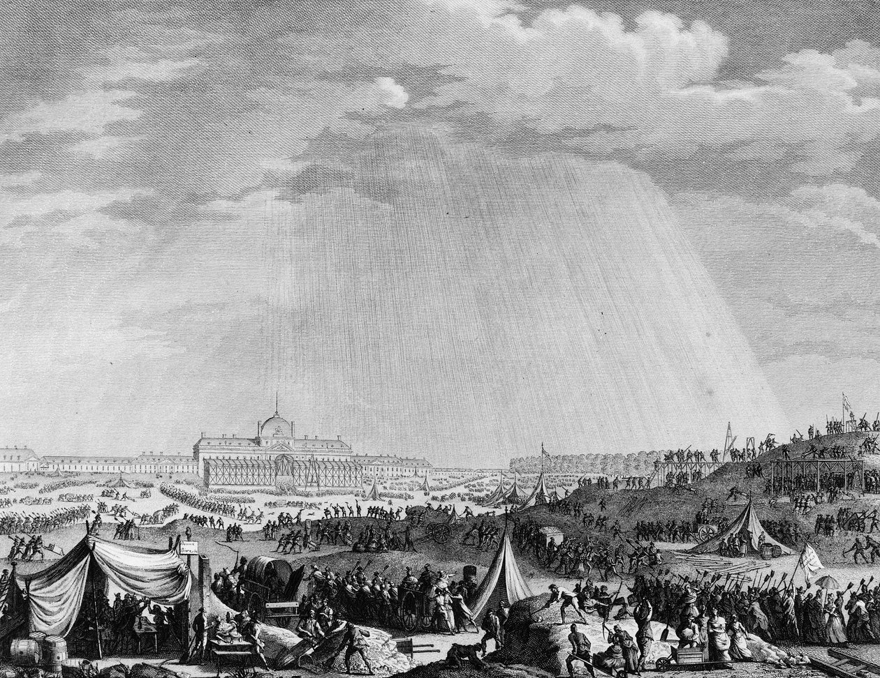 Francia forradalom: a párizsi Champs de Mars munkái a Föderáció ünnepére július 14-én alkotó: Jean Louis II (after) Prieur