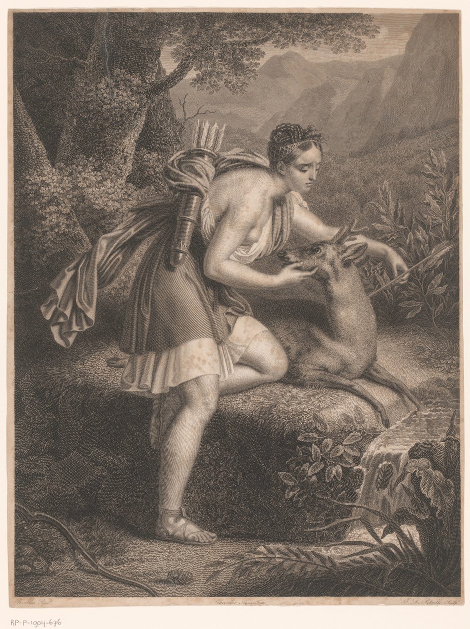 Diana nimfája nyilat húz ki egy szarvas nyakából La Nymphe de Diane (cím a tárgyon) alkotó: Jean Louis Potrelle