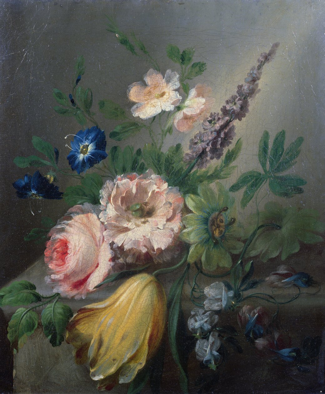 Csendélet rózsákkal, golgotavirágokkal, tulipánnal és más virágokkal egy kőpárkányon alkotó: Jean Louis Prevost