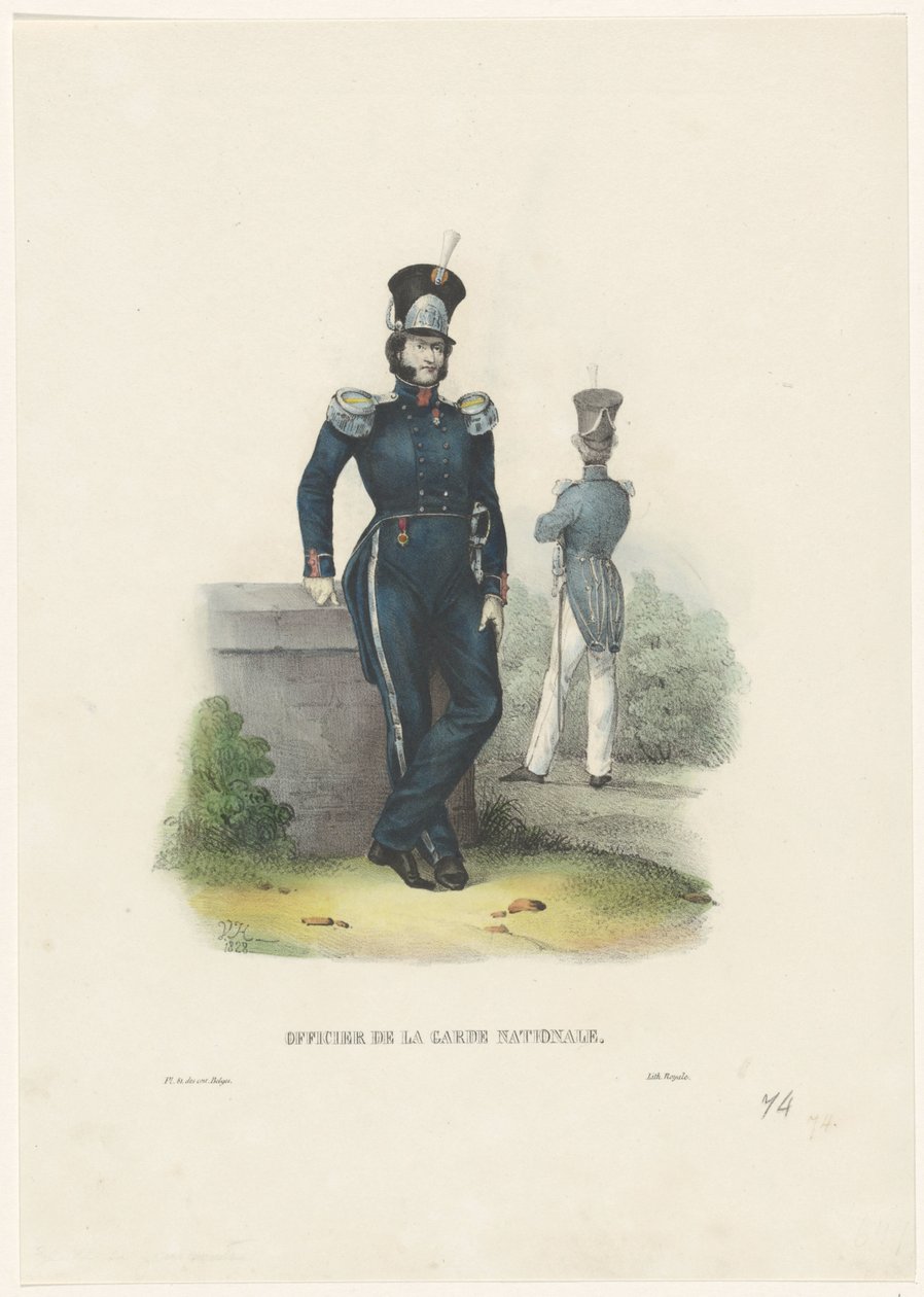 nemzetőr tiszt, 1828 Nemzetőr tiszt (cím a tárgyon) Belga jelmezek: régi és modern, katonai, polgári és vallási, 1830 (sorozat címe) alkotó: Jean Louis Van Hemelryck