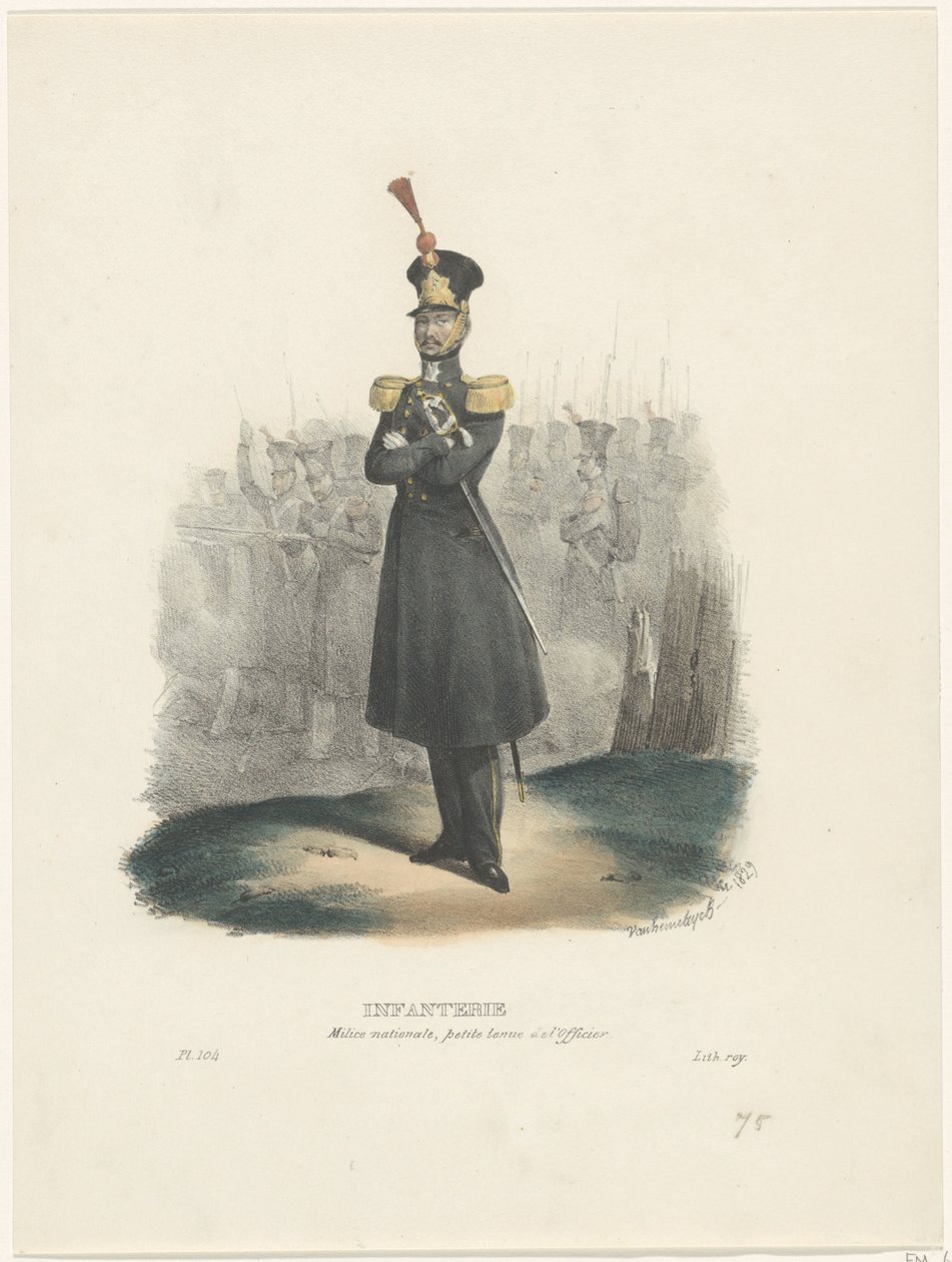 Az Országos Milícia tisztje, 1829 Gyalogság / Nemzeti Milícia, tiszti levetkőzés (cím a tárgyon) Belga jelmezek: régi és modern, katonai, polgári és vallási, 1830 (sorozat címe) alkotó: Jean Louis Van Hemelryck