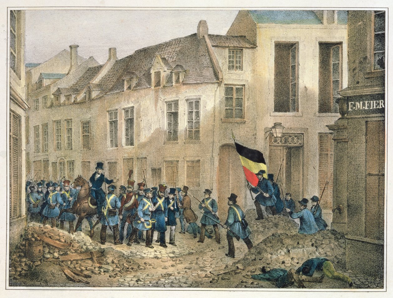 A Rue de Louvain, Brüsszel, 1830. szeptember 23., metszet: A.M. Jobard (fl.1820-30) alkotó: Jean Louis Van Hemelryck