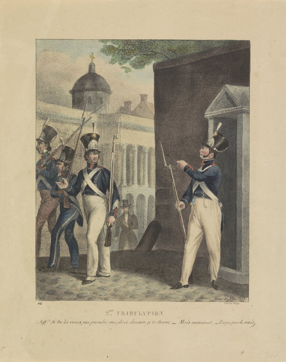 Második tárgyalás, 1828 2me Tribulation. jeff! si tu ne viens pas prendre ma place, demain je te chasse – Mais monsieur – Il n y a pas de mais (cím a tárgyon) Karikatúrák a belga milícián belüli egyenlőtlenségekről, 1828 (sorozat címe) alkotó: Jean Louis Van Hemelryck