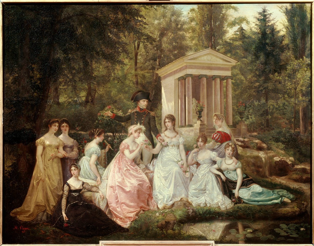 Malmaison rózsája: Josephine de Beauharnais császárné és Bonaparte Napóleon császár és tiszteletbeli hölgyei Victor Vigger du Vigneau (1819-1879) festménye V. 0,71x0,92 m Malmaison, kastélymúzeum alkotó: Jean Louis Victor Viger du Vigneau