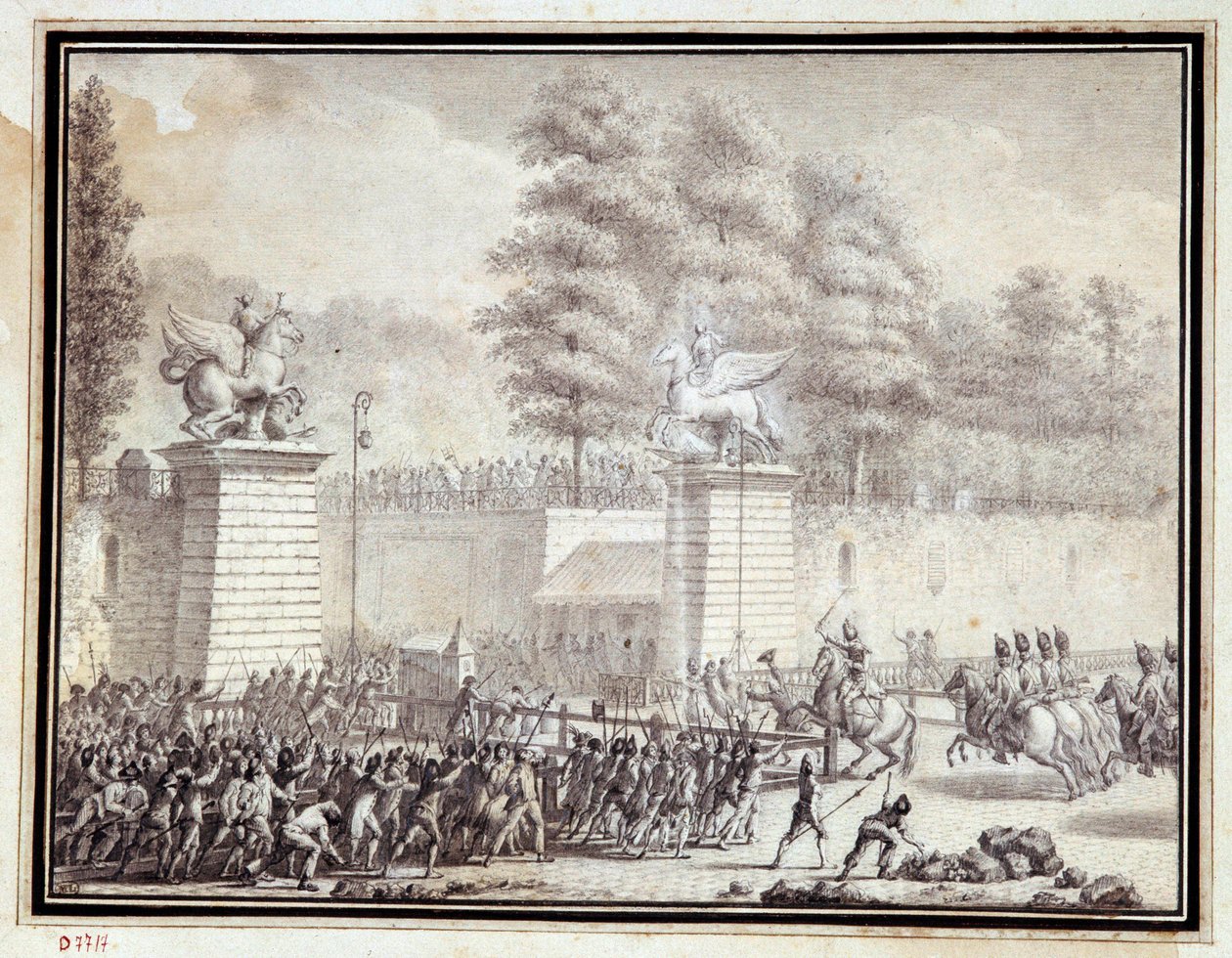 Francia forradalom: „” Monsieur de Lambesc 1789. július 12-én belép a Tuileriákba a Német Királyi Ezred egy különítményével”” Jean-Louis Prieur (1759-1795) rajza tintával és mosással alkotó: Jean Louis the Younger Prieur