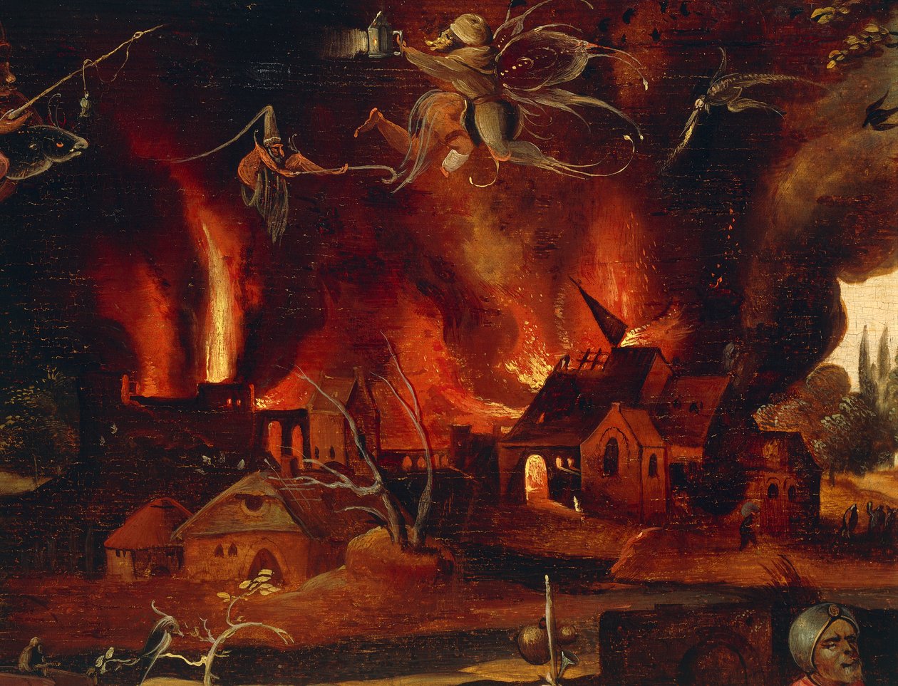 Szent Antal kísértése, a várost lángokban és démonokban bemutató részlet, Jan Mandyn (1500-1560). alkotó: Jean Mandyn