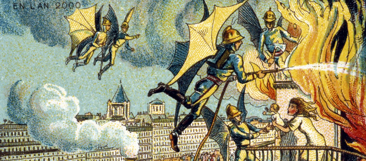 Repülő tűzoltó. Az év látomásai 2000, 1899 című sorozatból alkotó: Jean Marc Côté