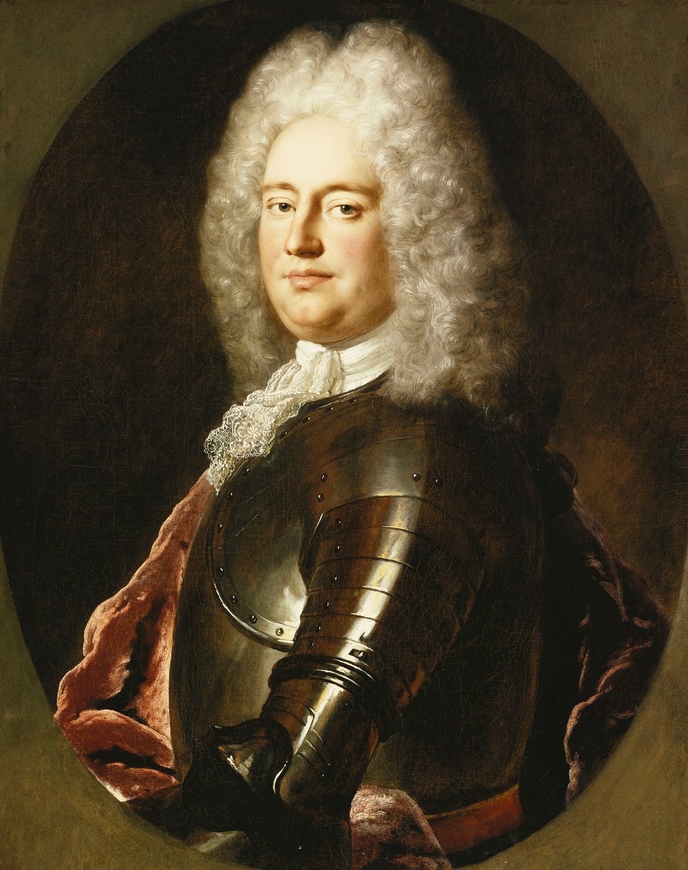 Egy úriember portréja, félalakos, páncélban, fehér jabot és karmazsinfóliában, festett oválisban, alkotó: Jean Marc Nattier