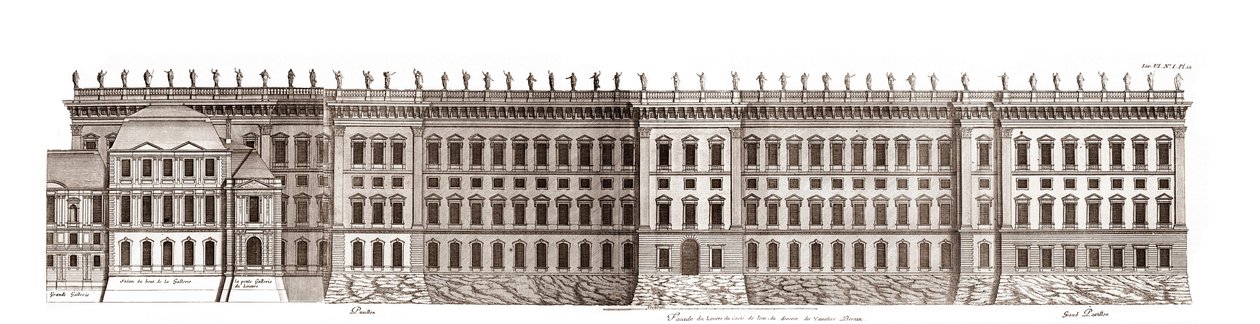 A párizsi Louvre, Gian Lorenzo Bernini projektje: a Szajnára néző főhomlokzat megemelkedése - Jacques-Francois Blondel "" Architecture francoise"-ból - a Szajna főhomlokzatának emelkedése - Bernin projektje - Jean Marot metszet alkotó: Jean Marot