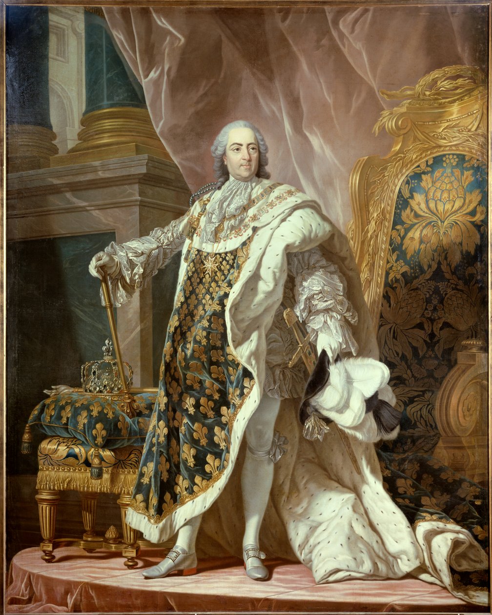 XV. Lajos (1710-1774) portréja a lábán szent viseletben, francia király. Jean Martial Fredou (1710-1774) festménye Louis Michel van Loo (1707-1771) nyomán 1761 Dim. 2,77x1,95 m - XV. Lajos (1710-1774), francia király egészalakos portréja koronás képen alkotó: Jean Martial Frédou